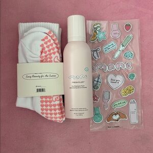 Mane by Jen Atkin trio Fresh Fluff dry shampoo foam, grip socks & puffy stickers